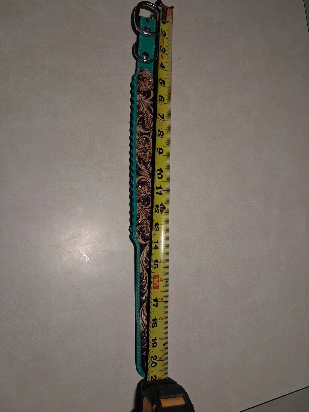 Myra Turquoise and Brown Tooled Leather Dog Collar MEDIUM with Silver Hardware